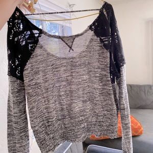 Free People Sheer Lace Longsleeve Heather Grey Off Shoulder Top Imperfections XS